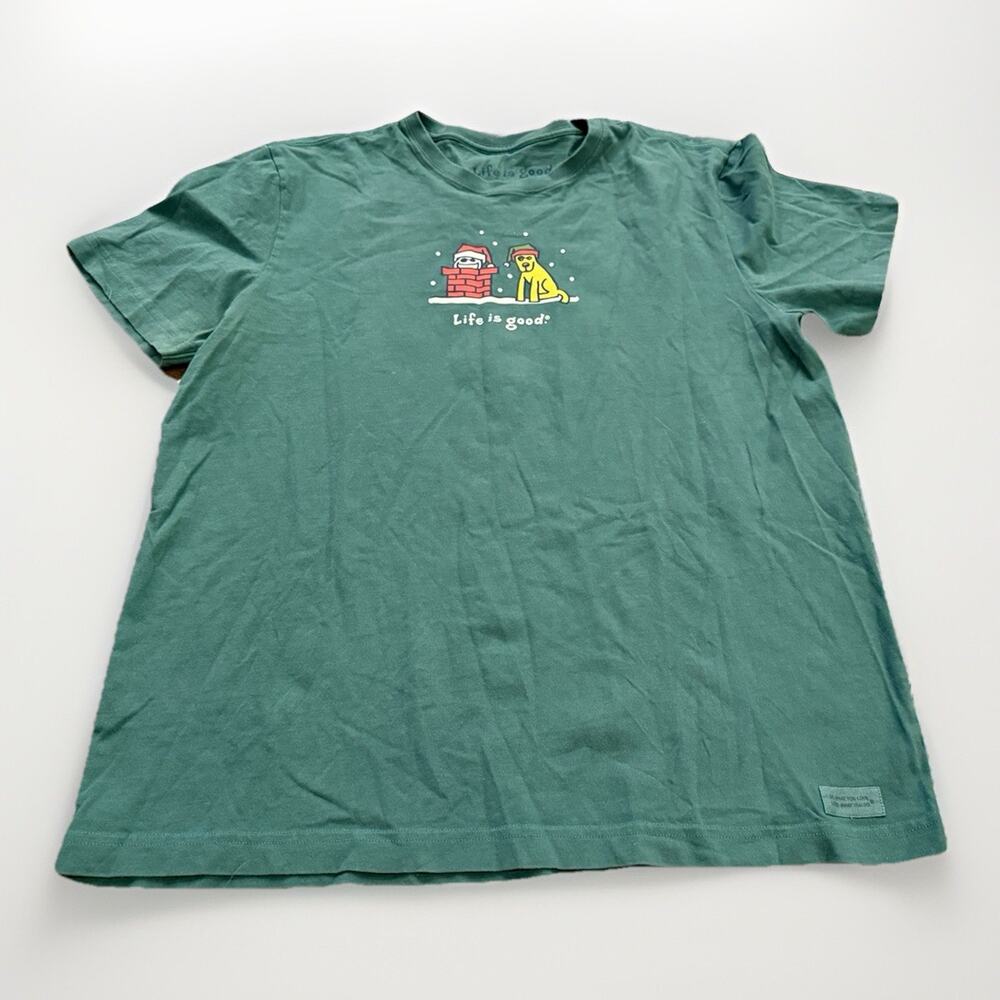 Life Is Good Vintage Mens Green Christmas Chimney Dogs Short Sleeve T Shirt L